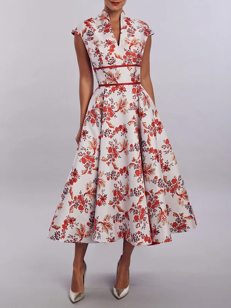 

Regular Fit Elegant Regular Fit V neck Cap Sleeve Pocket Stitching Regular Sleeve Dress, As picture, Midi Dresses
