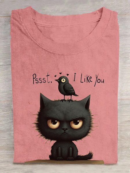 

Cotton Loose Cat Casual T-Shirt, Pink, T-shirts