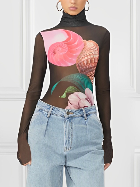 

Long Sleeve Tight Urban Floral T-Shirt, As picture, Tees