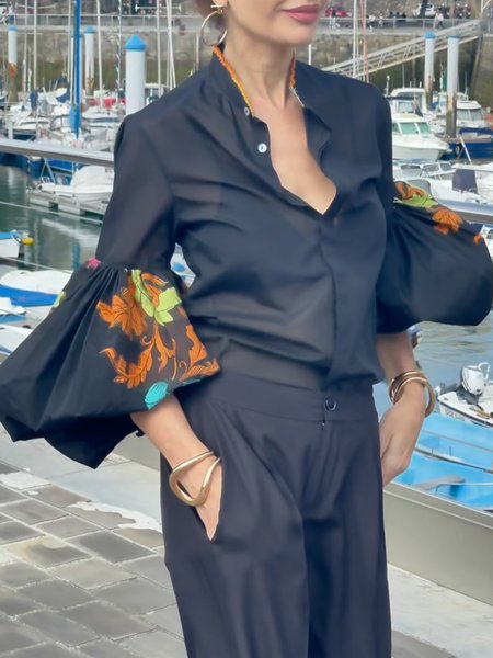 

Elegant Regular Fit Floral Balloon Sleeve Floral Shirt, Black, Blouses and Shirts