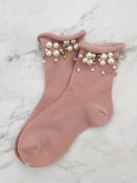 

1pair Faux Pearl Beaded Mid-calf Socks, Pink, Socks