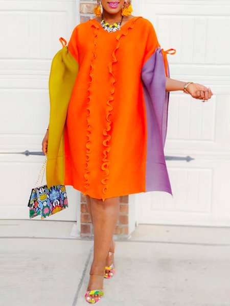 Elegant Color Block Split Joint Dress, Orange, Midi Dresses