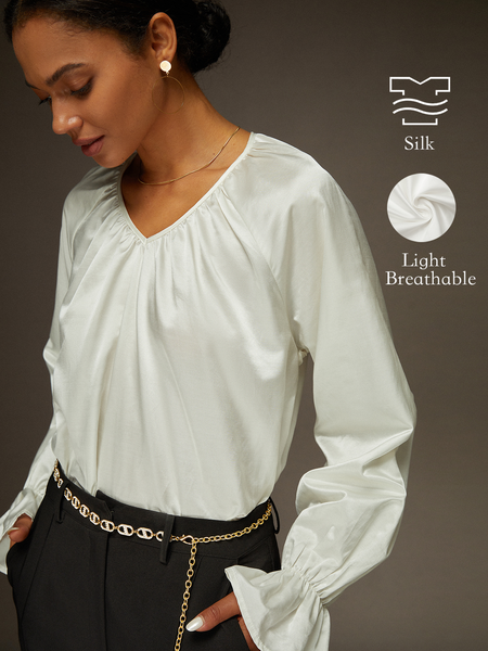 

V Neck Silk Blouse, Apricot, Blouses and Shirts