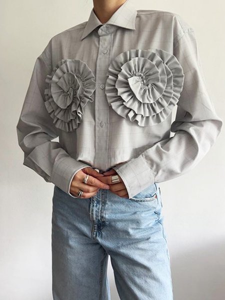 

Striped Urban Shirt Collar Loose Shirt, Gray, Blouses and Shirts