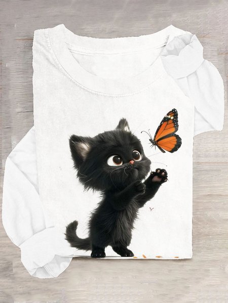 

Casual Butterfly Crew Neck Long Sleeve T-shirt, White, T-shirts