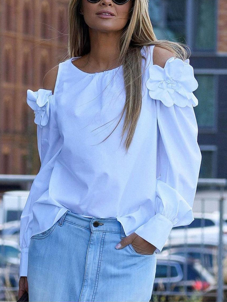 

Loose Long Sleeve Urban Plain Crew Neck Blouse, White, Blouses and Shirts
