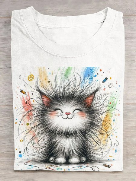 

Casual Cat Crew Neck Short Sleeve T-shirt, White, T-shirts
