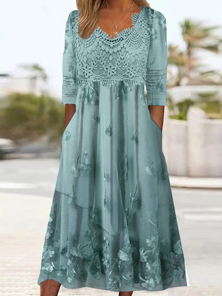 

Women Floral Crew Neck Long Sleeve Comfy Casual Lace Maxi Dress, Green, Maxi