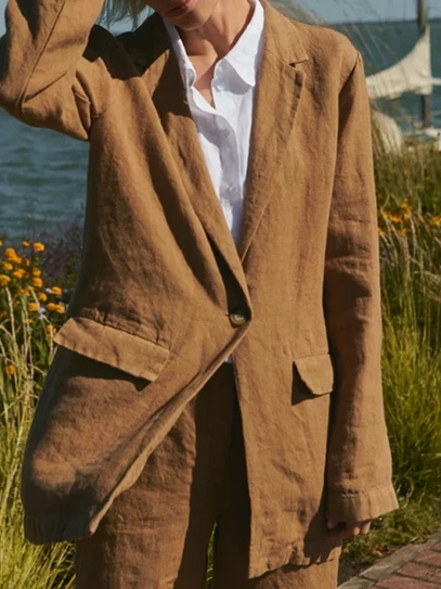 Cotton And Linen Lapel Collar Loose Vacation Blazer, Coffee, Outerwear
