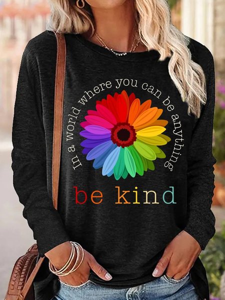 Casual Daisy Crew Neck Long Sleeve T-shirt, Black, T-shirts