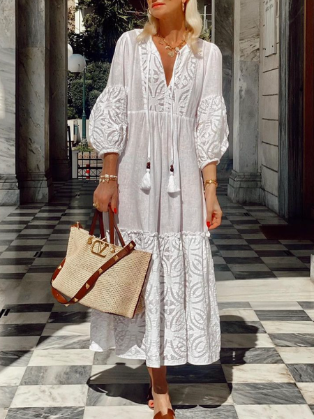 

Women Floral V Neck Three Quarter Sleeve Comfy Vacation Mini Dress, White, Maxi