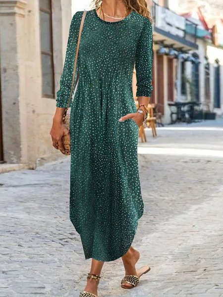 

Women Polka Dots Crew Neck Long Sleeve Comfy Casual Maxi Dress, Green, Maxi