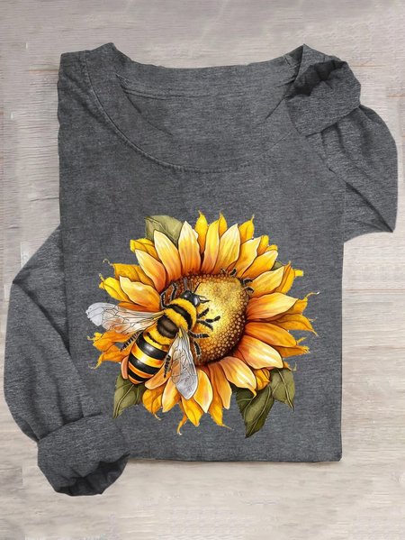 Casual Sunflower Crew Neck Long Sleeve T-shirt, Deep gray, T-shirts