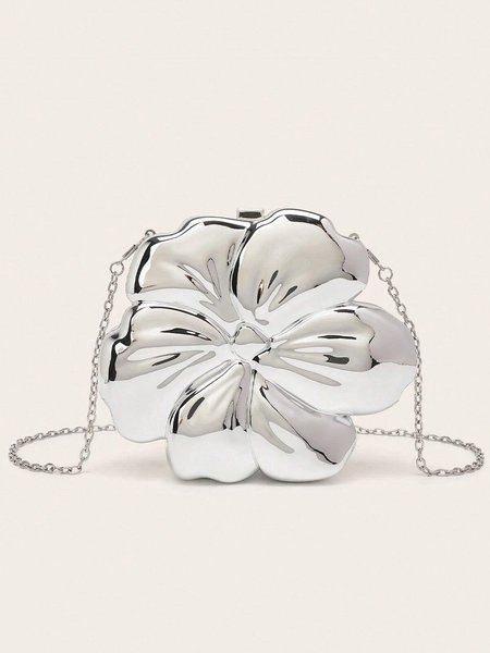

Glamorous Flower Shaped Acrylic Mini Clutch Bag with Metal Chain Strap, Silver, Bags