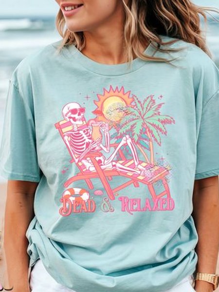 

Women's Short Sleeve Tee T-shirt Summer Skull Cotton Crew Neck Daily Going Out Vintage Top Light Blue, T-Shirts