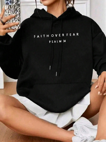 

Letters Printed Drawstring Hoodie For Women, Black, Sweatshirts & Hoodies