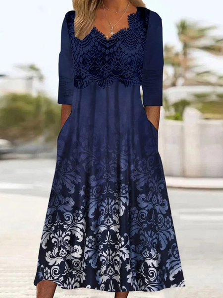Women Floral Crew Neck Long Sleeve Comfy Casual Lace Maxi Dress, Blue, Maxi