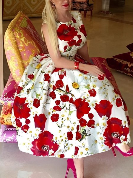 

Regular Fit Floral Elegant Crew Neck Midi Dress, As picture, Midi Dresses