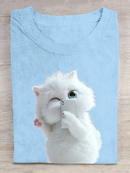 

Crew Neck Casual Cat Loose T-Shirt, Sky blue, T-shirts