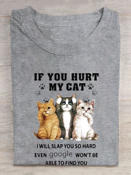 

Cat & Text Letters Printed Crew Neck T-Shirt, Gray, T-shirts