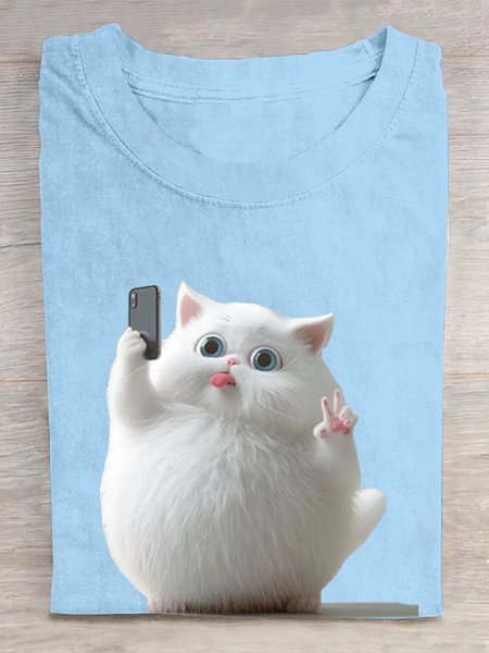 

Casual Cat Crew Neck Short Sleeve T-shirt, Sky blue, T-shirts
