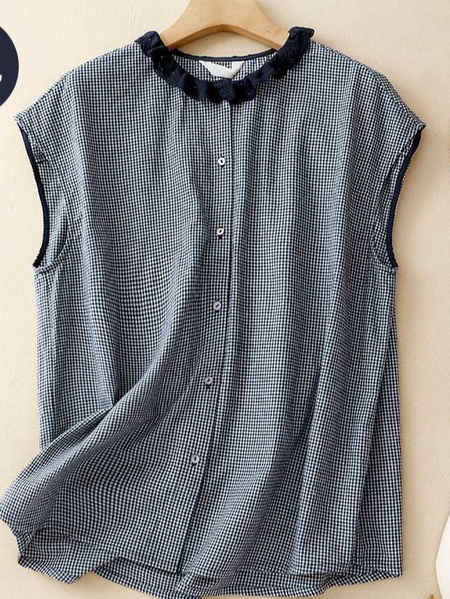 

Crew Neck Sleeveless Plaid Regular Loose Blouse For Women, Blue, Tanks & Camis
