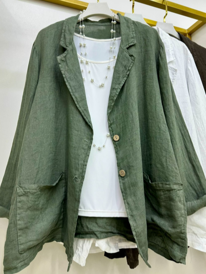 

Cotton And Linen Casual Plain Blazer Coat, Green, Outerwear