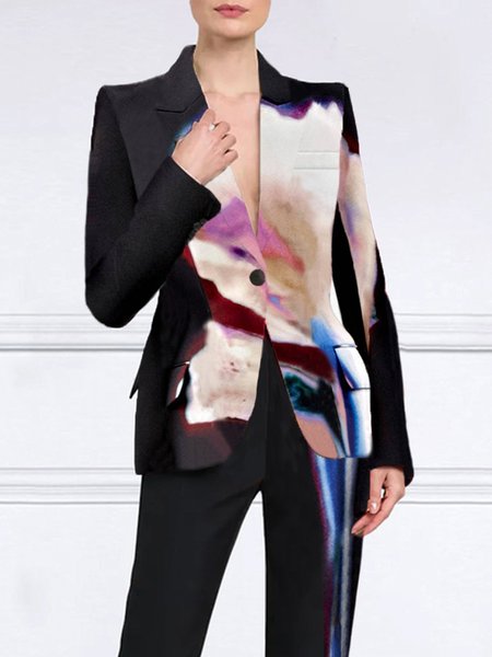 

Pocket Stitching Urban Lapel Collar Long Sleeve Random Print Blazer, As picture, Blazers