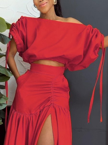 Gathered Casual Off Shoulder Sleeve Plain Blouse, Red, Blouses and Shirts