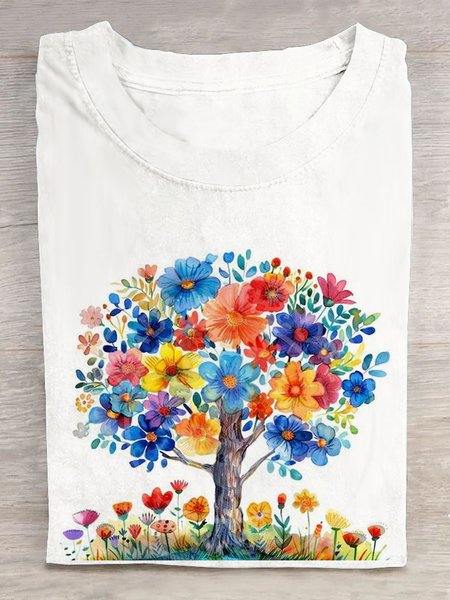

Casual Floral Crew Neck Short Sleeve T-shirt, White, T-shirts