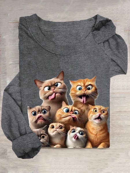 Casual Cat Crew Neck Long Sleeve T-shirt, Deep gray, T-shirts