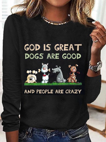 

Casual Dog Crew Neck Long Sleeve T-shirt, Black, T-shirts
