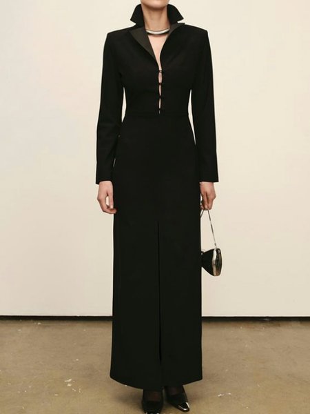 

Regular Sleeve Urban Regular Fit Shawl Collar Dress, Black, Maxi Dresses