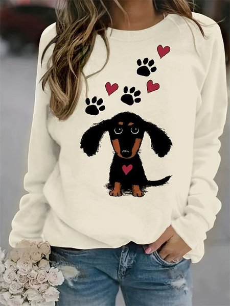 Casual Crew Neck Dog Sweatshirt, Apricot, Hoodies & Sweatshirts