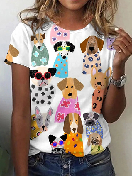 

Casual Dog Crew Neck Short Sleeve T-shirt, White, T-shirts