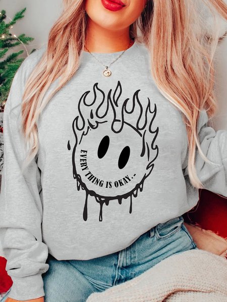

Everything Is Okay Slogan Smiley Cotton Drawstring Sweatshirt, Gray, Sweatshirts & Hoodies