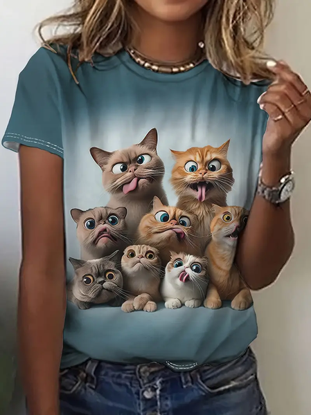 

Casual Cat Crew Neck Short Sleeve T-shirt, Blue, T-shirts
