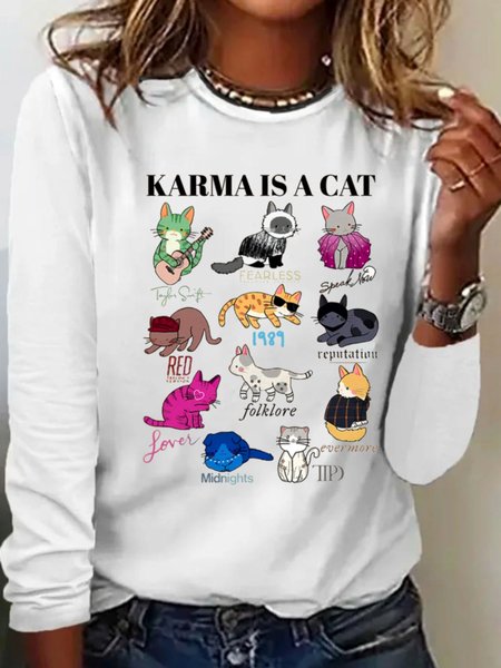 

Casual Cat Crew Neck Long Sleeve T-shirt, White, T-shirts