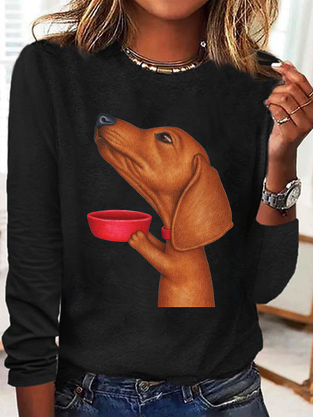 

Casual Dog Crew Neck Long Sleeve T-shirt, Black, T-shirts