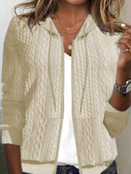 

Women's Spring/Fall Outerwear Casual Jacquard Pocket Stitching Plain Long Sleeve Hoodie Jacket, Khaki, Jackets