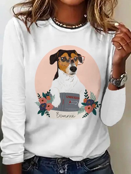 

Casual Dog Crew Neck Long Sleeve T-shirt, White, T-shirts