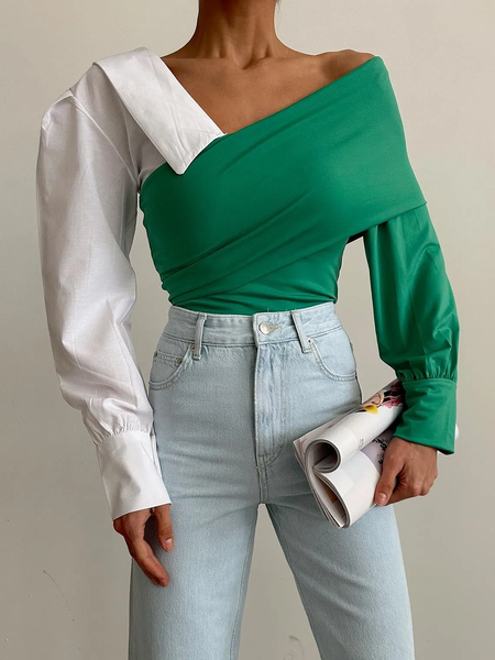 

Micro-Elasticity Off Shoulder Sleeve Regular Fit Urban Asymmetrical Long Shirt, White-green, Blouses and Shirts