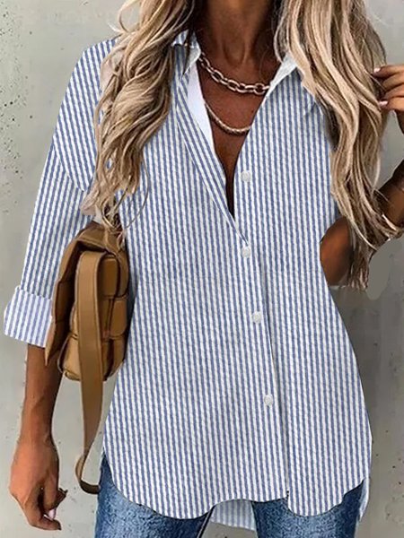 

Shirt Collar Long Sleeve Striped Regular Loose Shirt For Women, Blue, Shirts