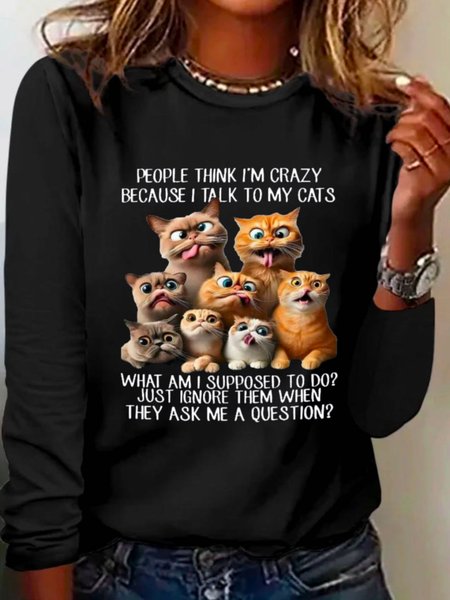 

Casual Text Letters Crew Neck Long Sleeve T-shirt, Black, T-shirts