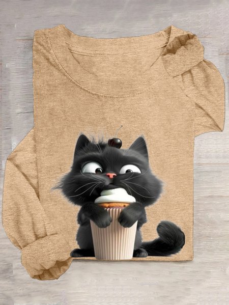 Casual Cat Crew Neck Long Sleeve T-shirt, Khaki, T-shirts