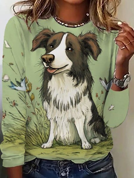 

Casual Dog V Neck Long Sleeve T-shirt, Green, T-shirts
