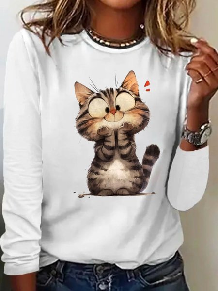 

Casual Cat Crew Neck Long Sleeve T-shirt, White, T-shirts