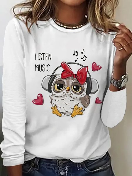 

Casual Animal Crew Neck Long Sleeve T-shirt, White, T-shirts