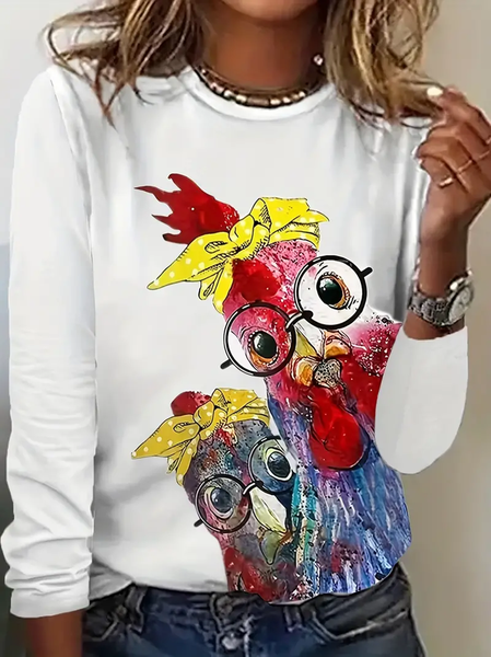 

Casual Animal Crew Neck Long Sleeve T-shirt, White, T-shirts