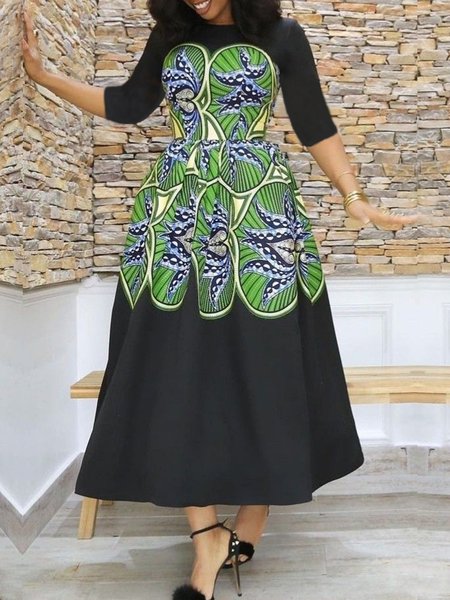 

Elegant Crew Neck Regular Fit Ethnic Print Pockets Dress, Black, Maxi Dresses